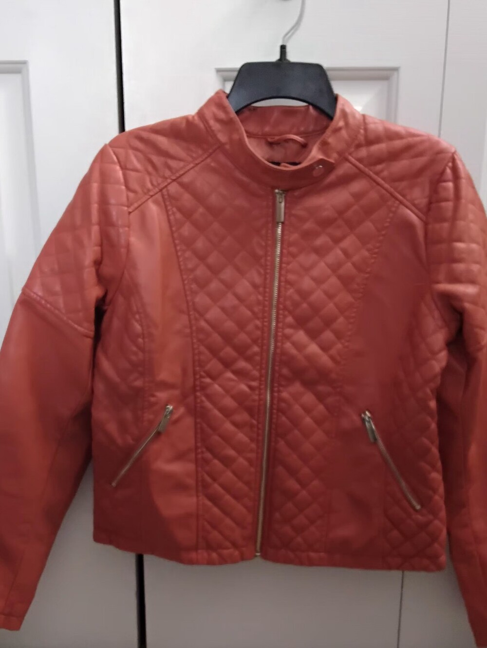 New York & Company Quilted Faux-Leather Moto Jacket, Rust Orange, Medium